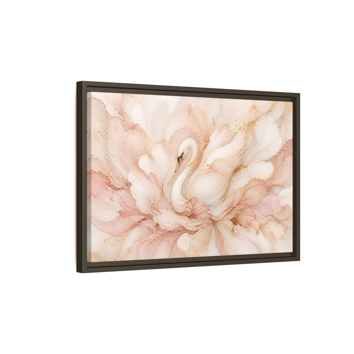 Side Mockup 2. Swan In Blush Blooms shown as framed canvas print