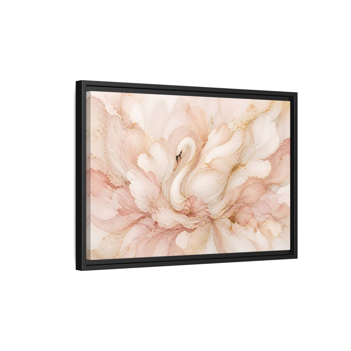 Side Mockup 3. Swan In Blush Blooms shown as framed canvas print