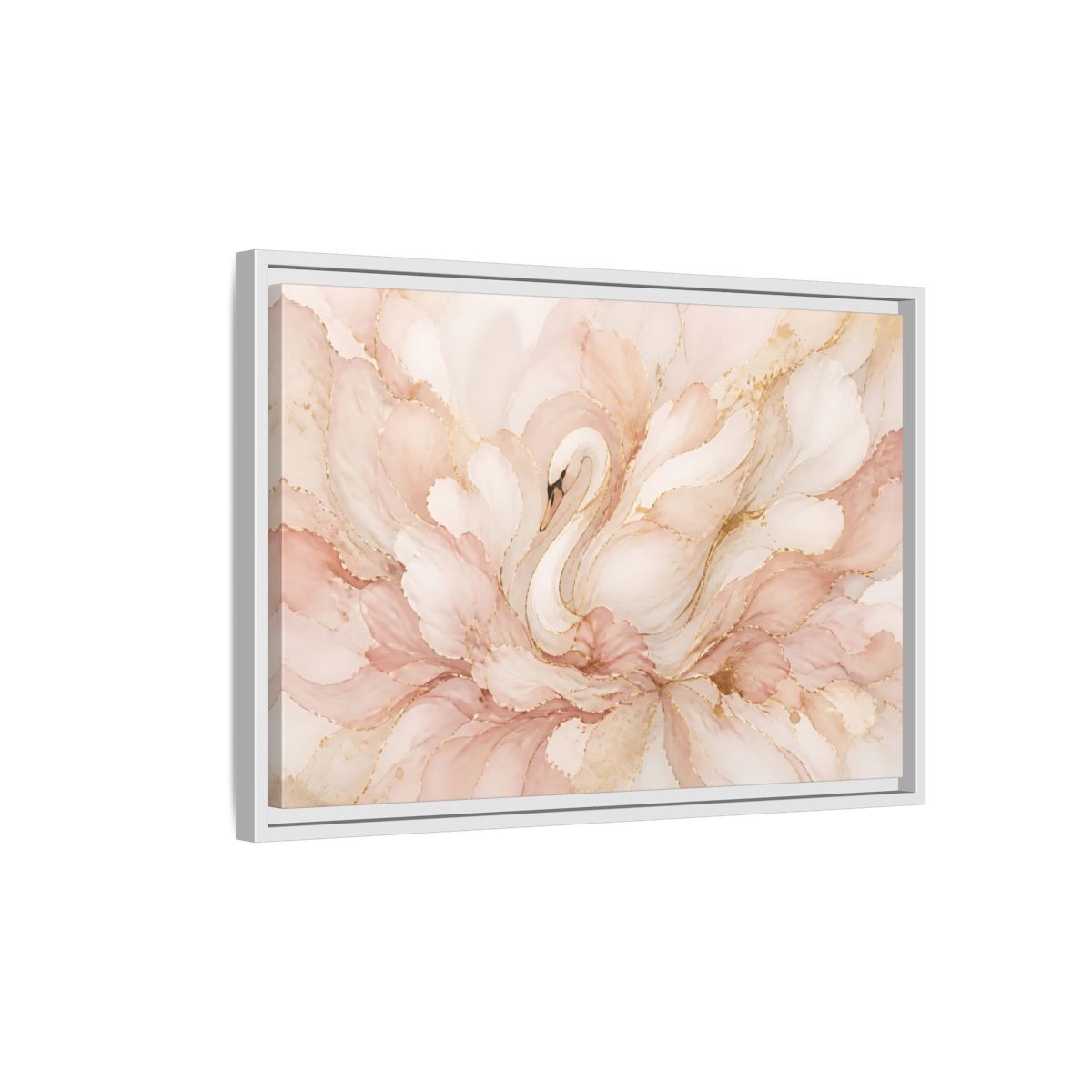 Side Mockup 1. Swan In Blush Blooms shown as framed canvas print