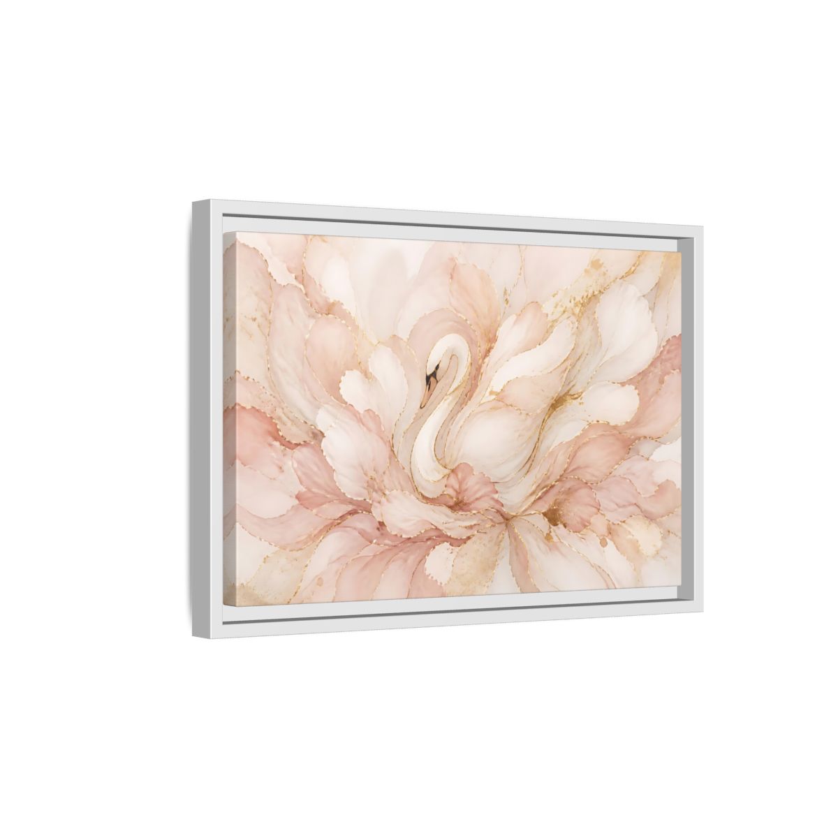 Side Mockup 4. Swan In Blush Blooms shown as framed canvas print