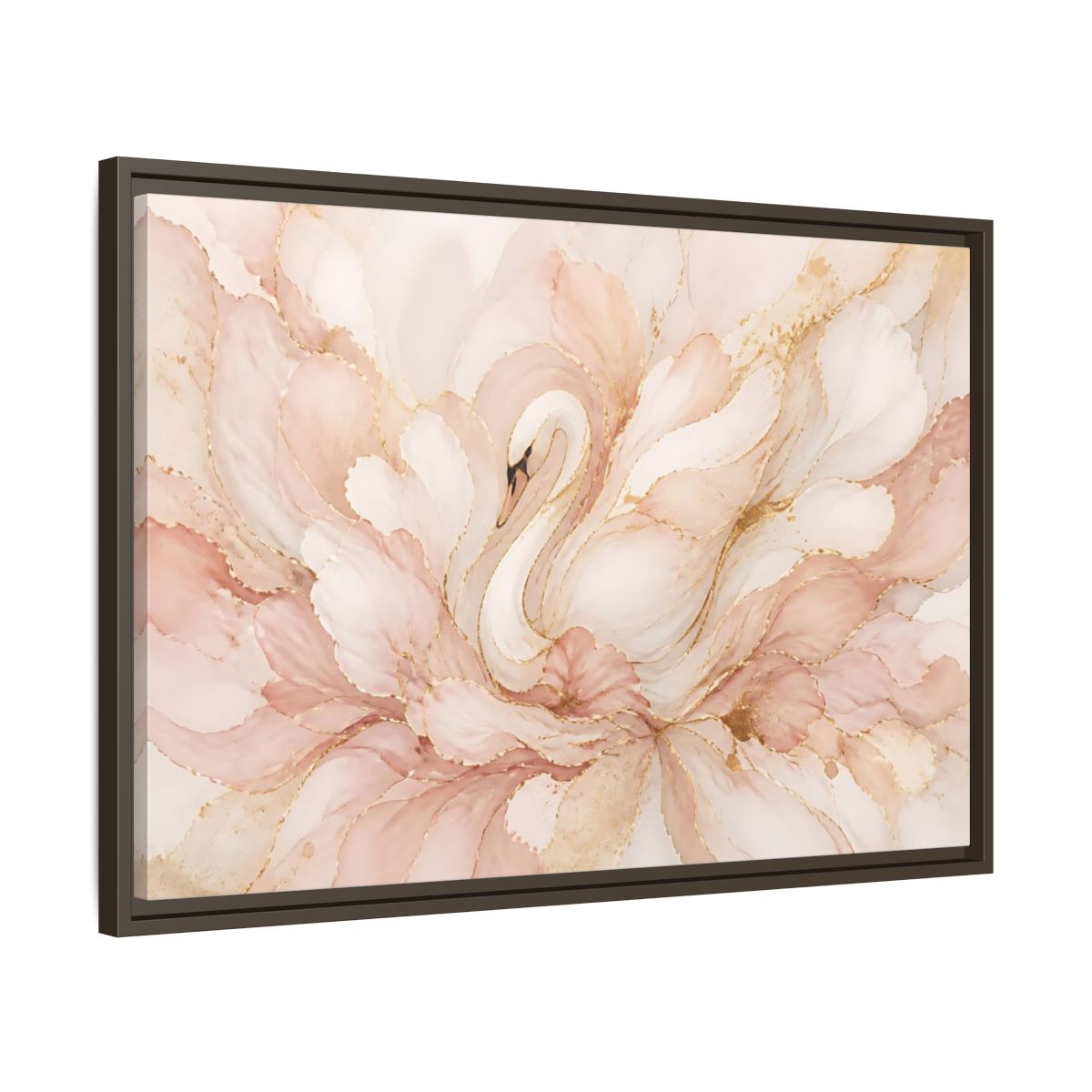 Side Mockup 11. Swan In Blush Blooms shown as framed canvas print