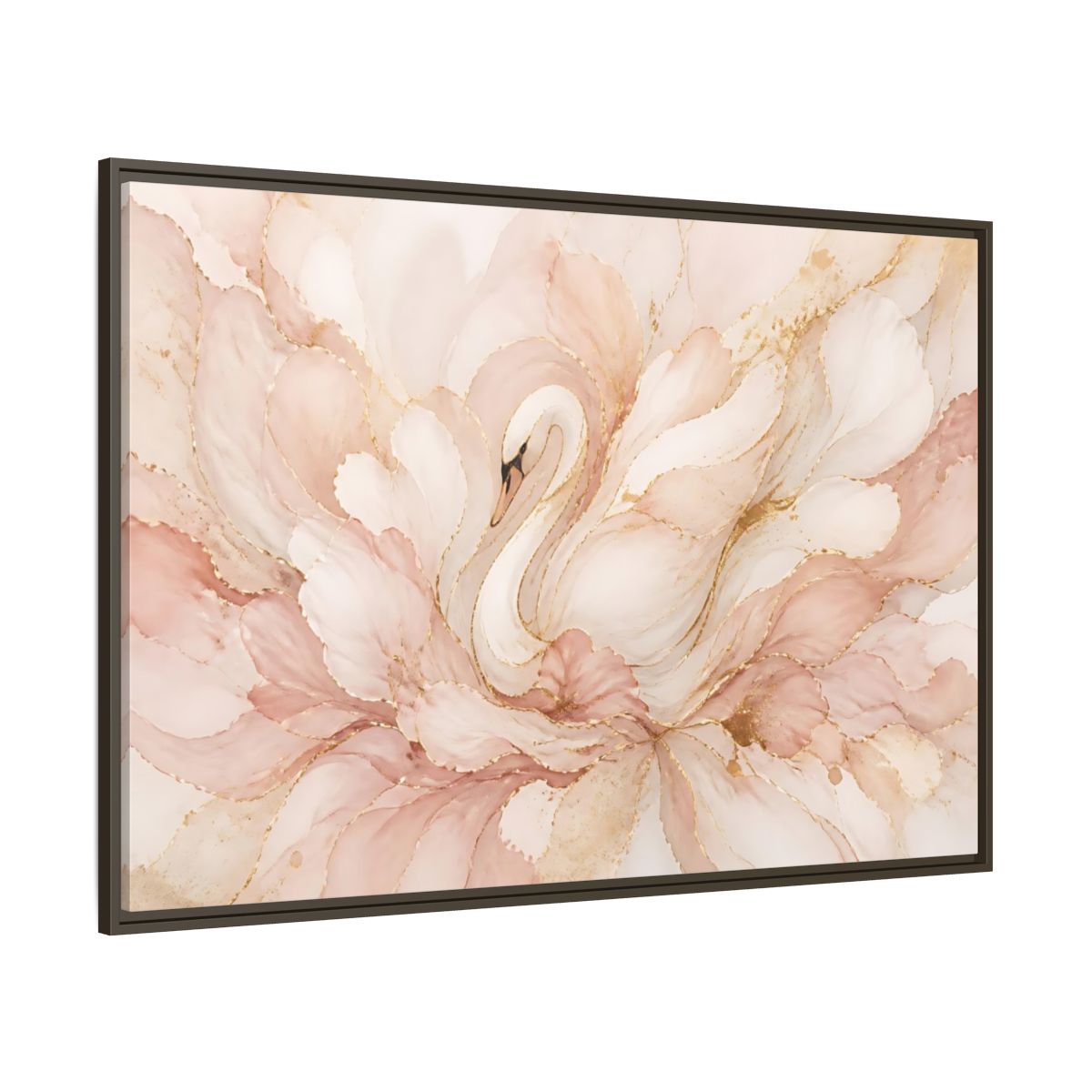 Side Mockup 8. Swan In Blush Blooms shown as framed canvas print