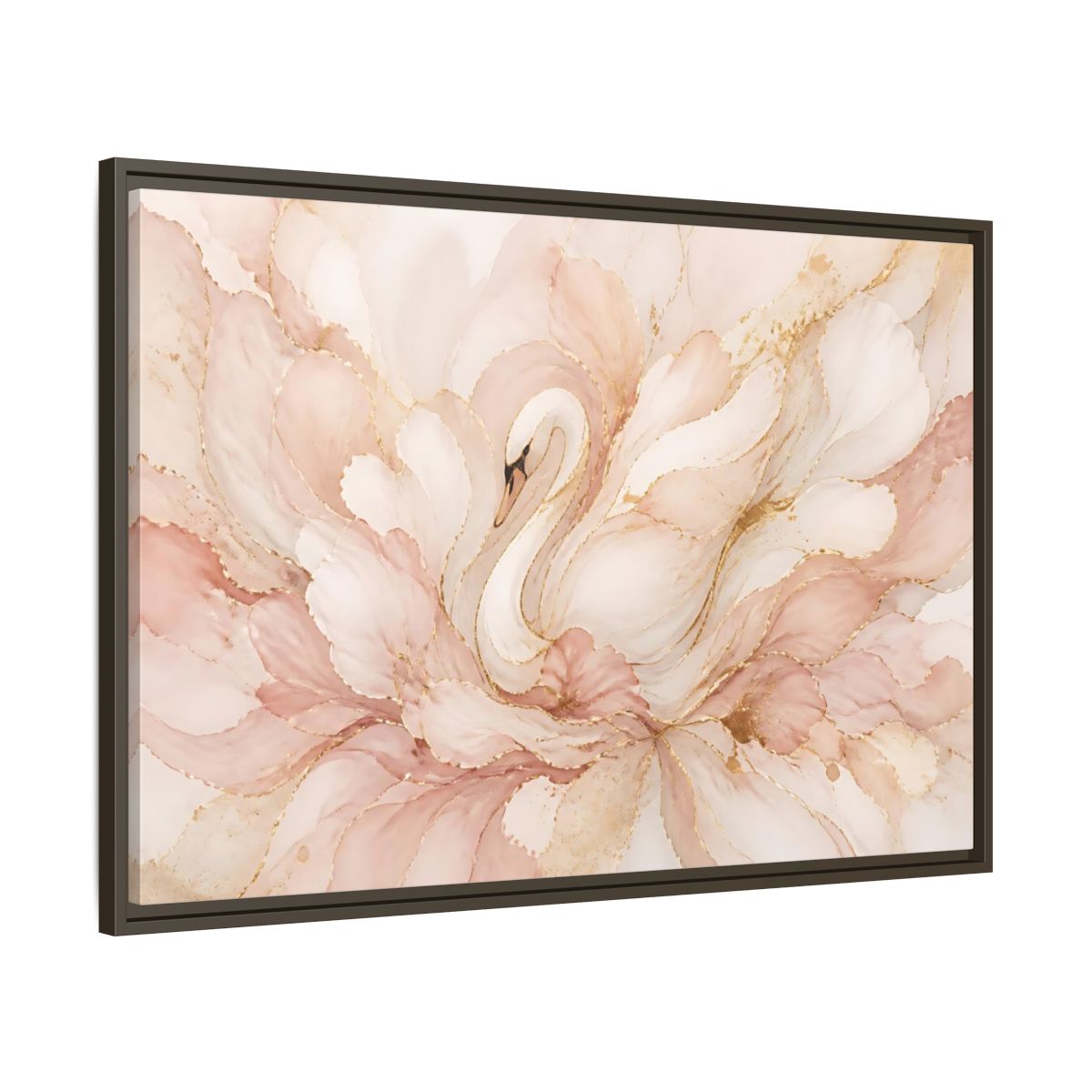 Main Mockup. Swan In Blush Blooms shown as framed canvas print