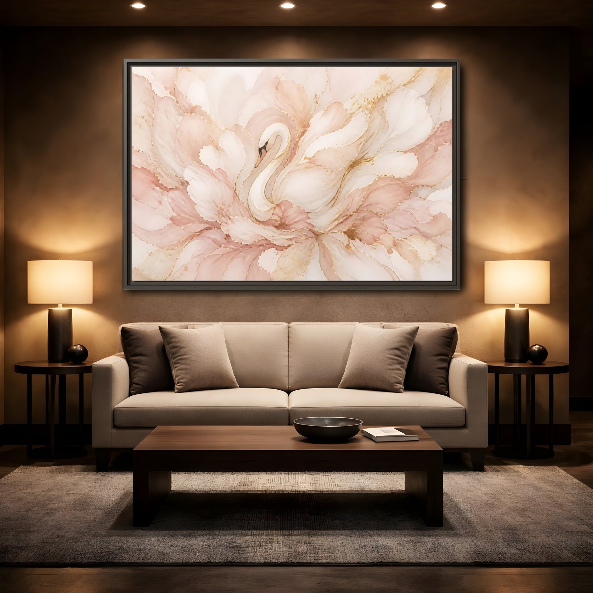 Mockup 2. Swan In Blush Blooms shown as framed canvas print