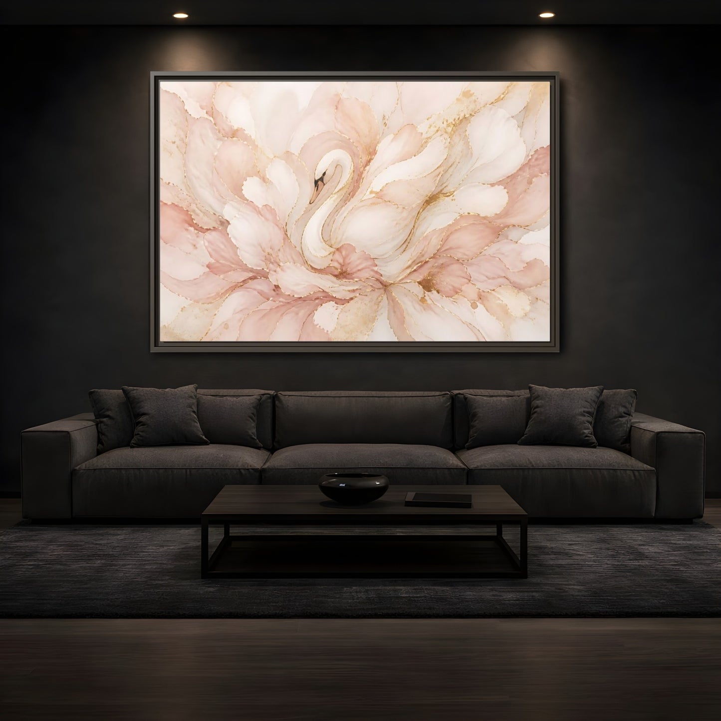Mockup 3. Swan In Blush Blooms shown as framed canvas print