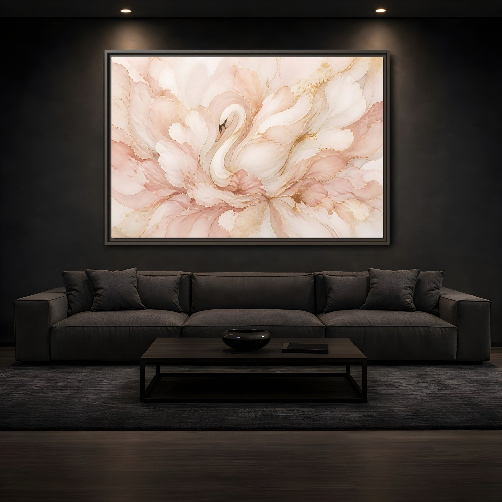 Mockup 3. Swan In Blush Blooms shown as framed canvas print
