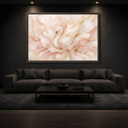 Mockup 3. Swan In Blush Blooms shown as framed canvas print