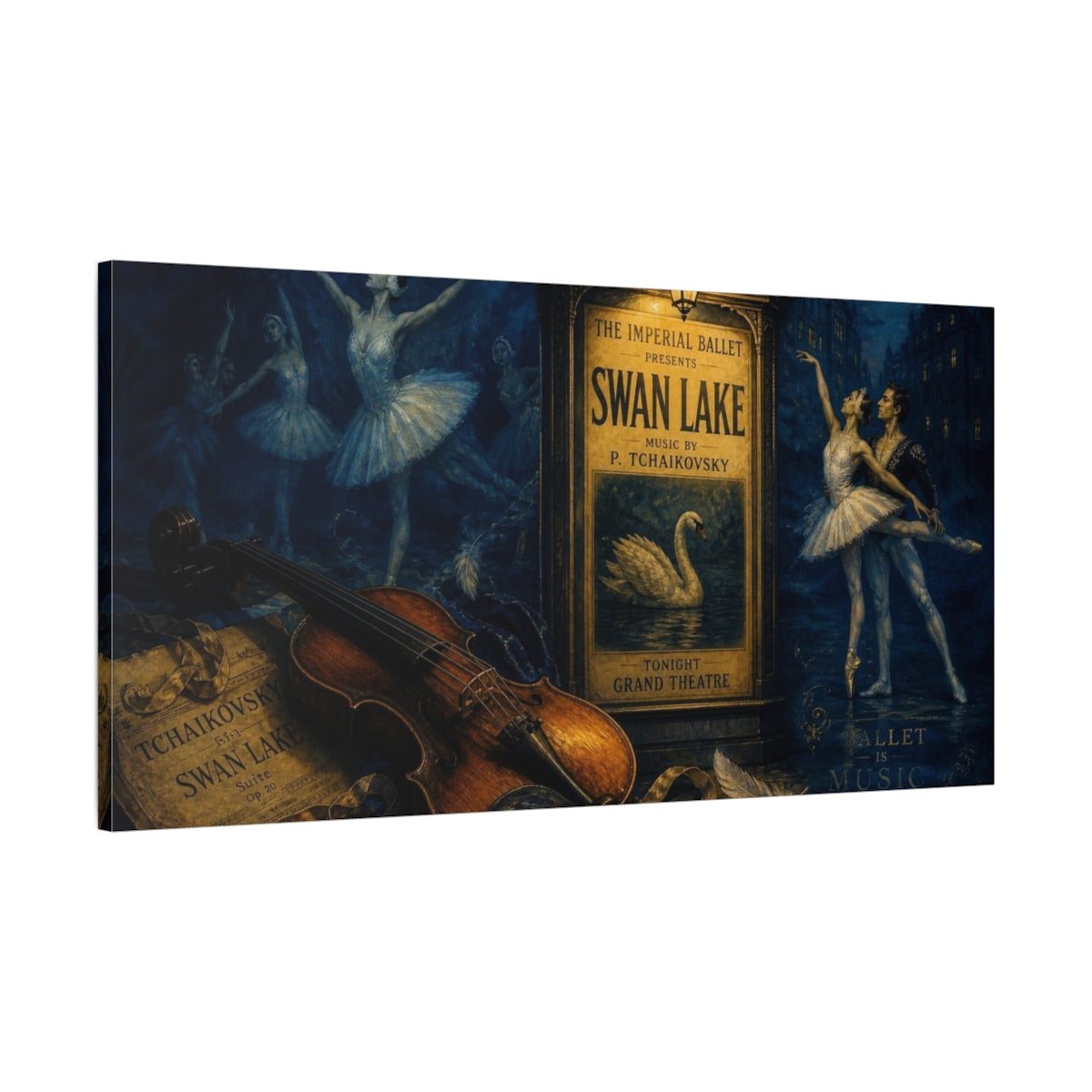 Main Mockup. Swan Lake Ballet Night shown as canvas print