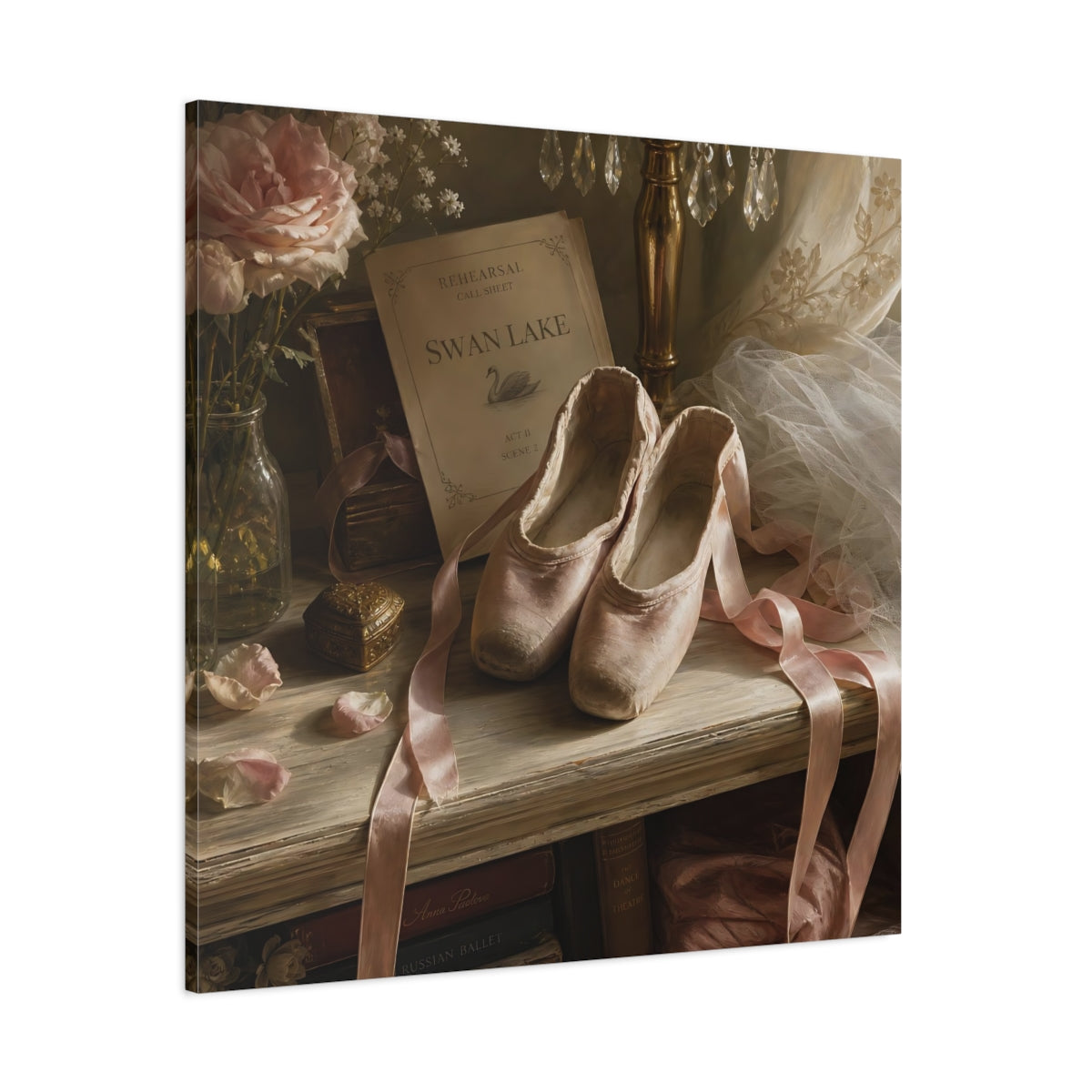 Side Mockup 1. Swan Lake Ballet Shoes shown as canvas print