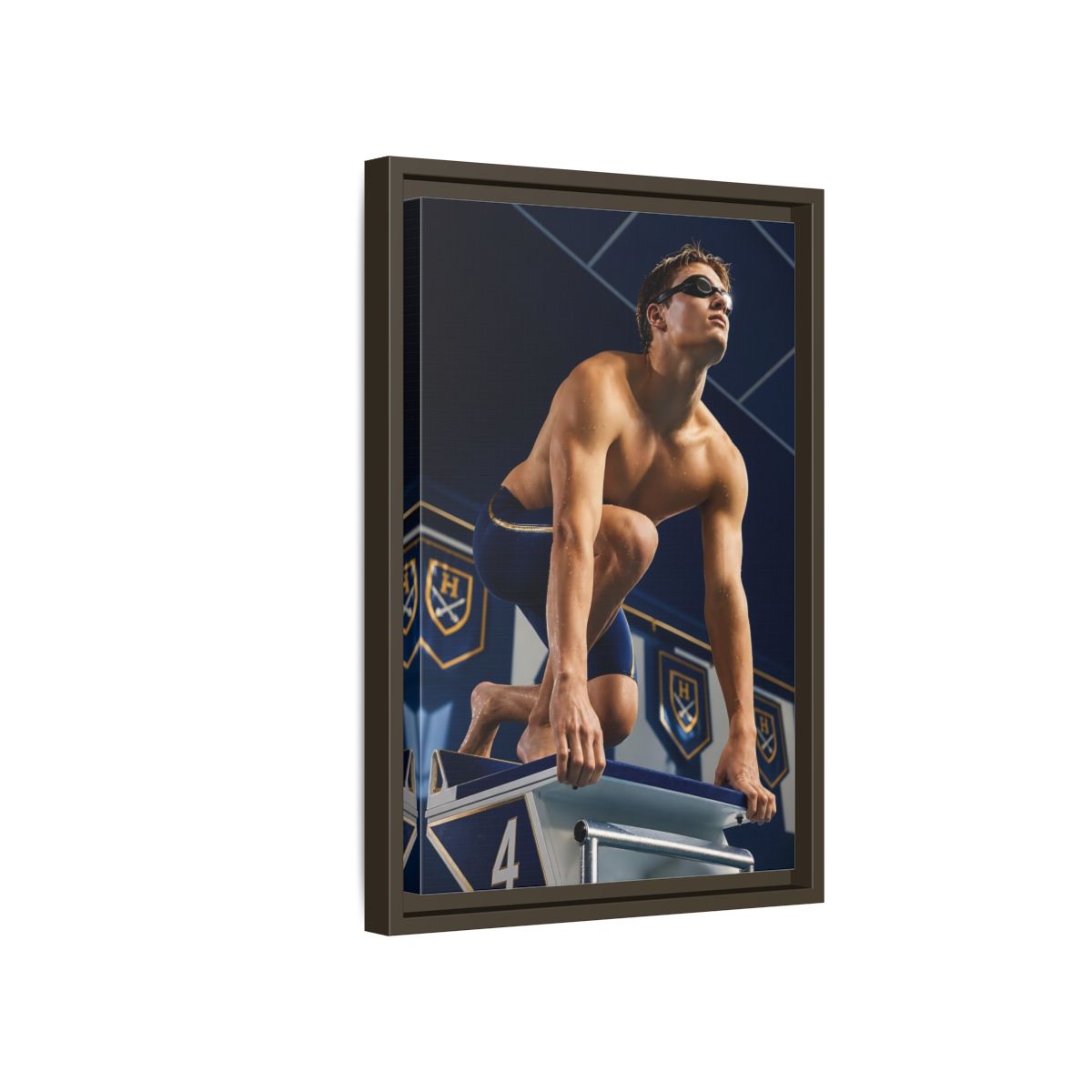 Side Mockup 5. Swimmer On Starting Block shown as framed canvas print