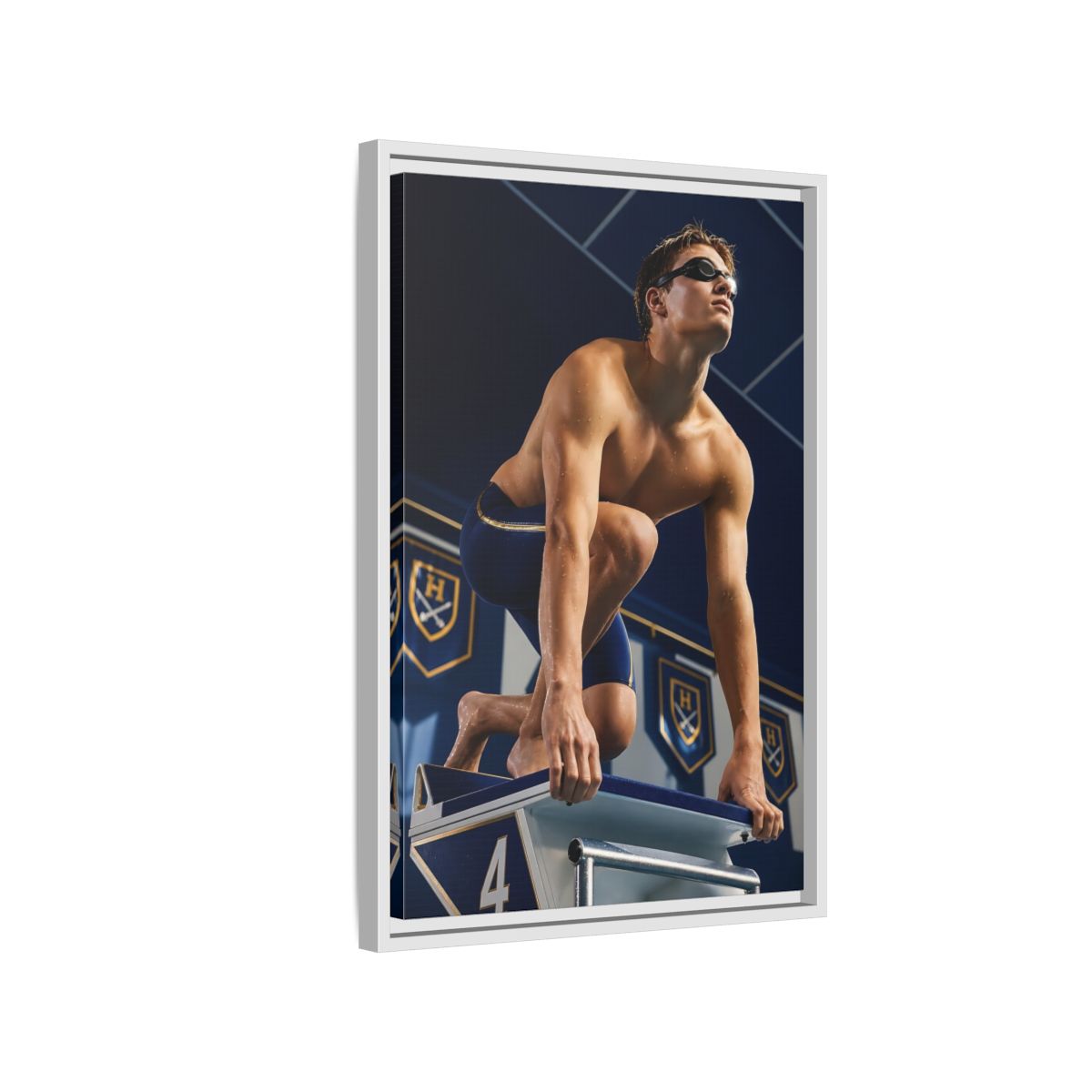 Side Mockup 1. Swimmer On Starting Block shown as framed canvas print