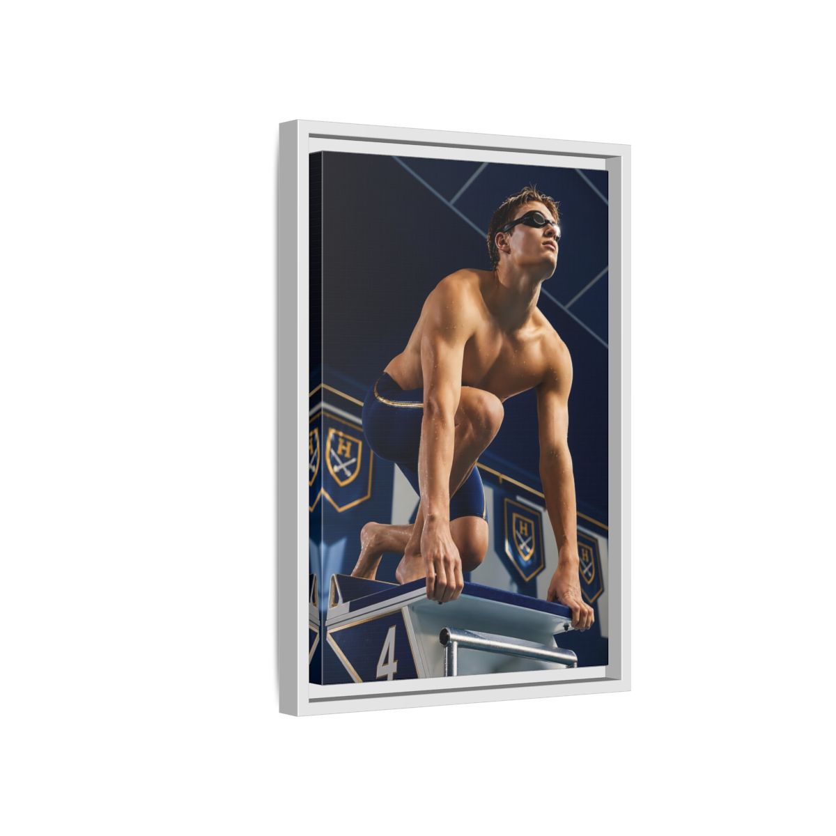 Side Mockup 4. Swimmer On Starting Block shown as framed canvas print