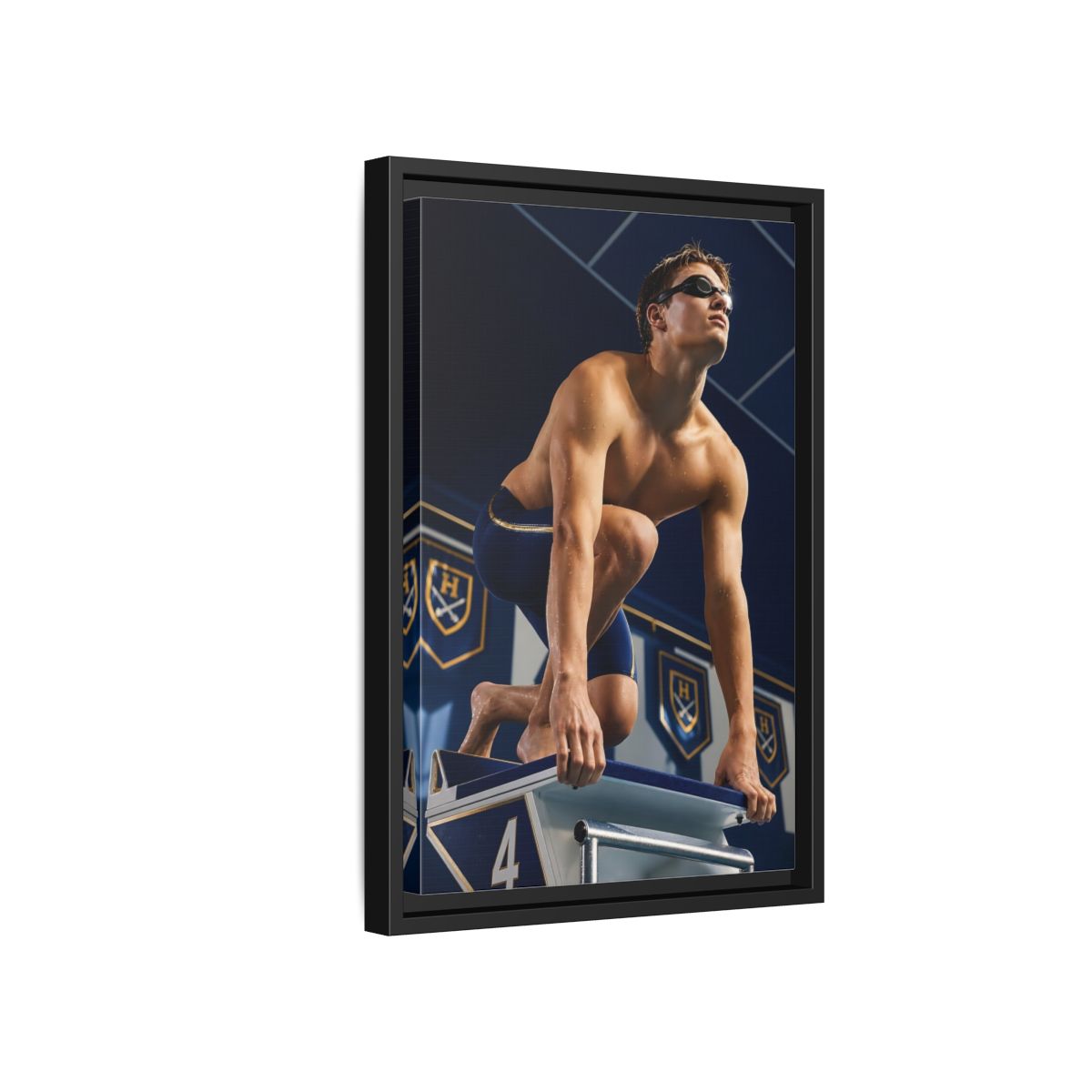 Side Mockup 6. Swimmer On Starting Block shown as framed canvas print