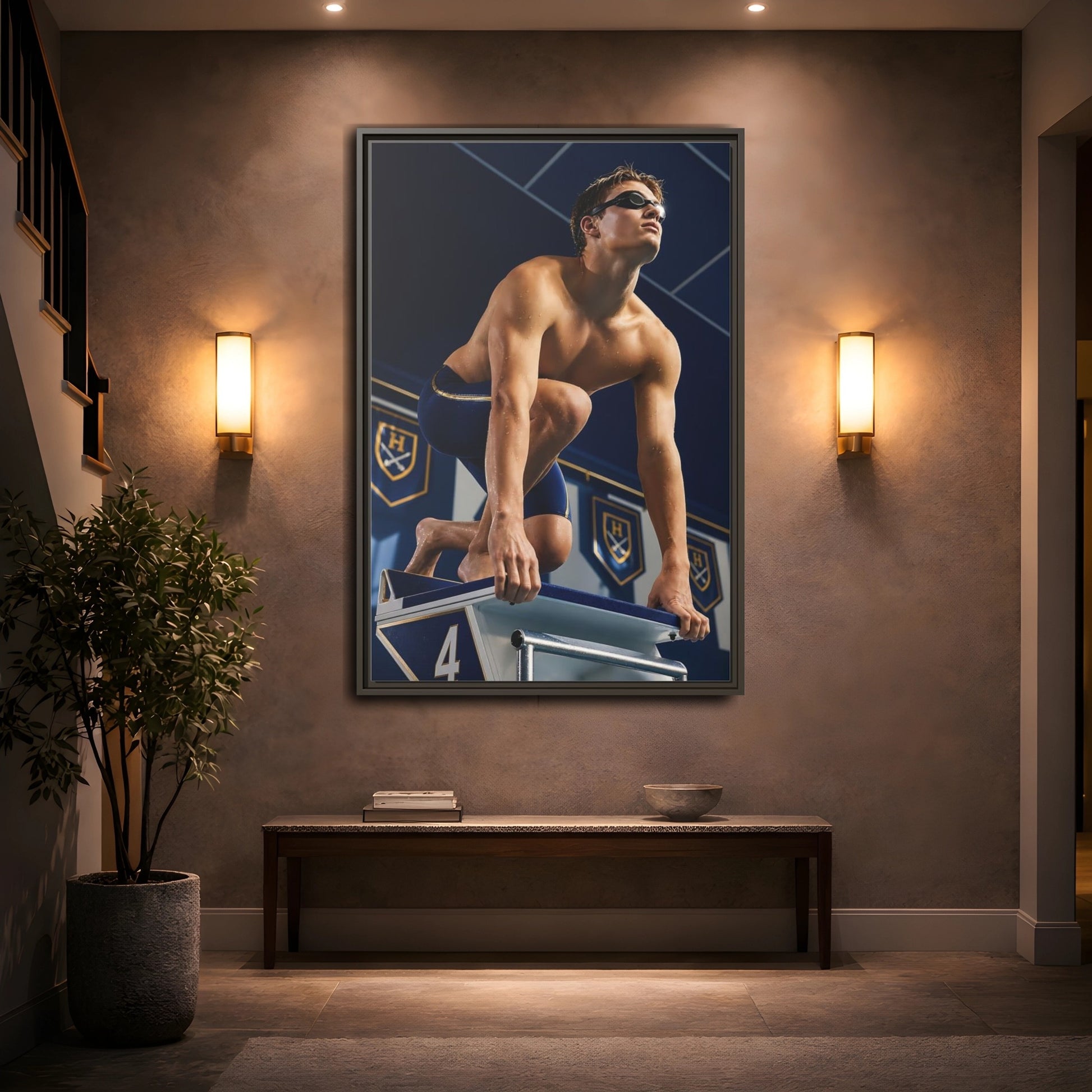 Mockup 2. Swimmer On Starting Block shown as framed canvas print
