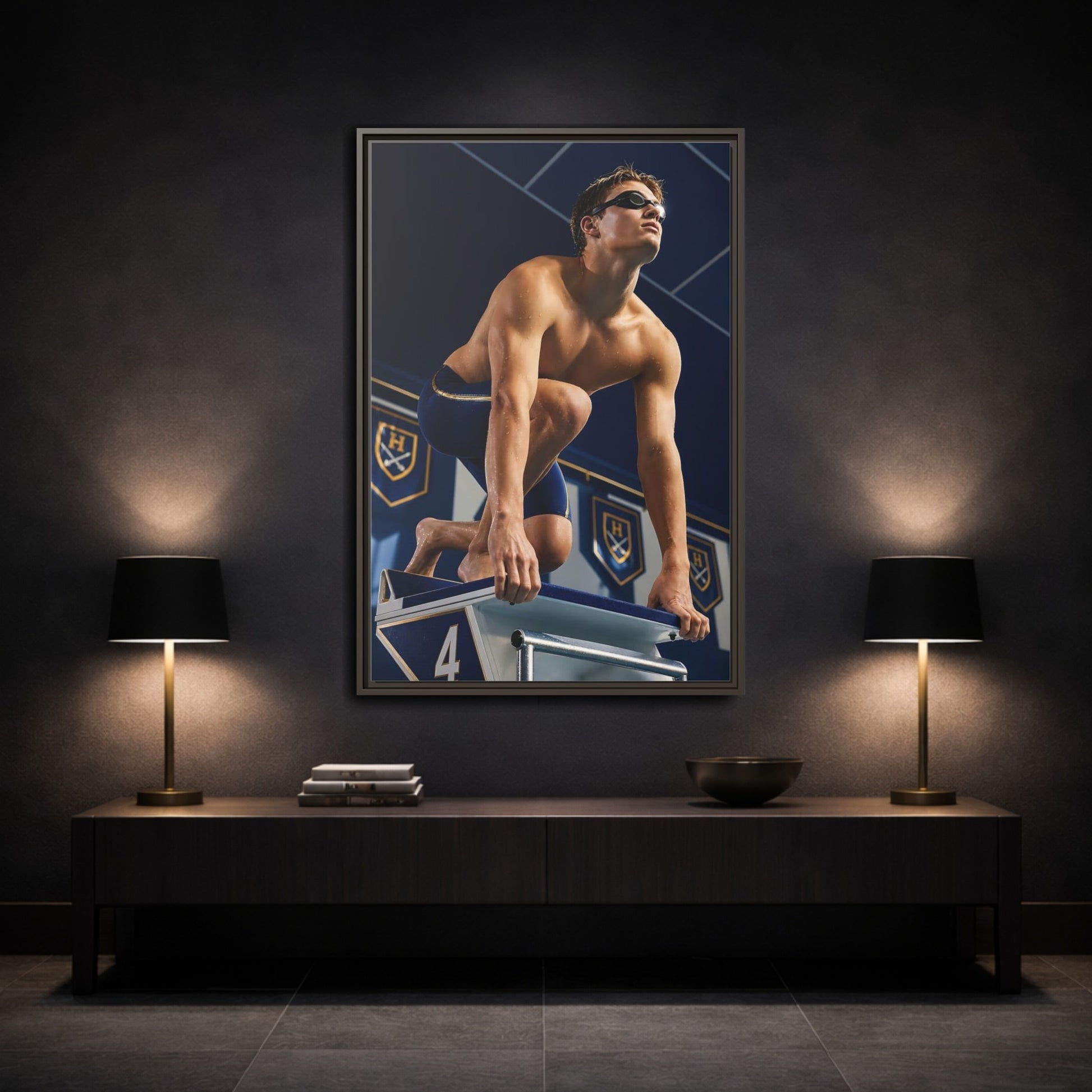 Mockup 3. Swimmer On Starting Block shown as framed canvas print