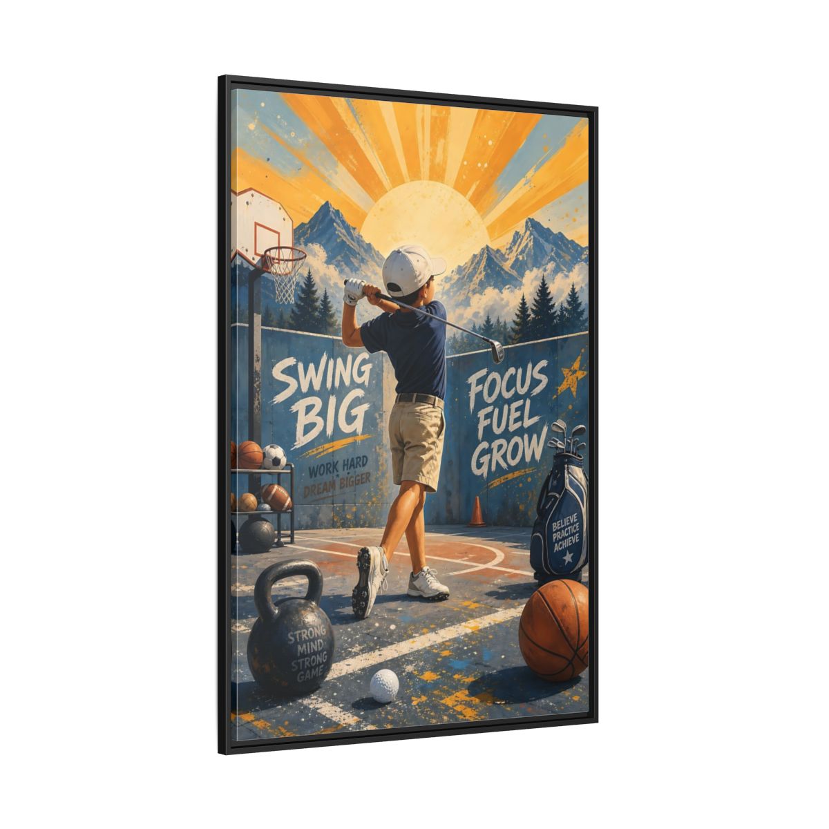 Side Mockup 12. Swing Big Youth Golf shown as framed canvas print