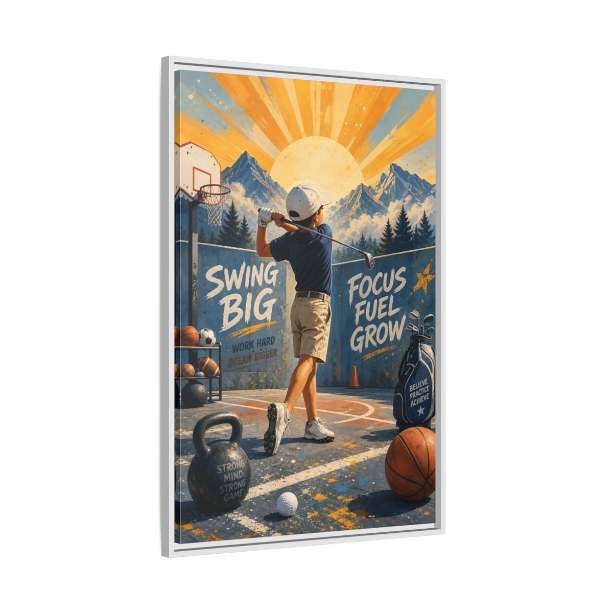 Side Mockup 9. Swing Big Youth Golf shown as framed canvas print