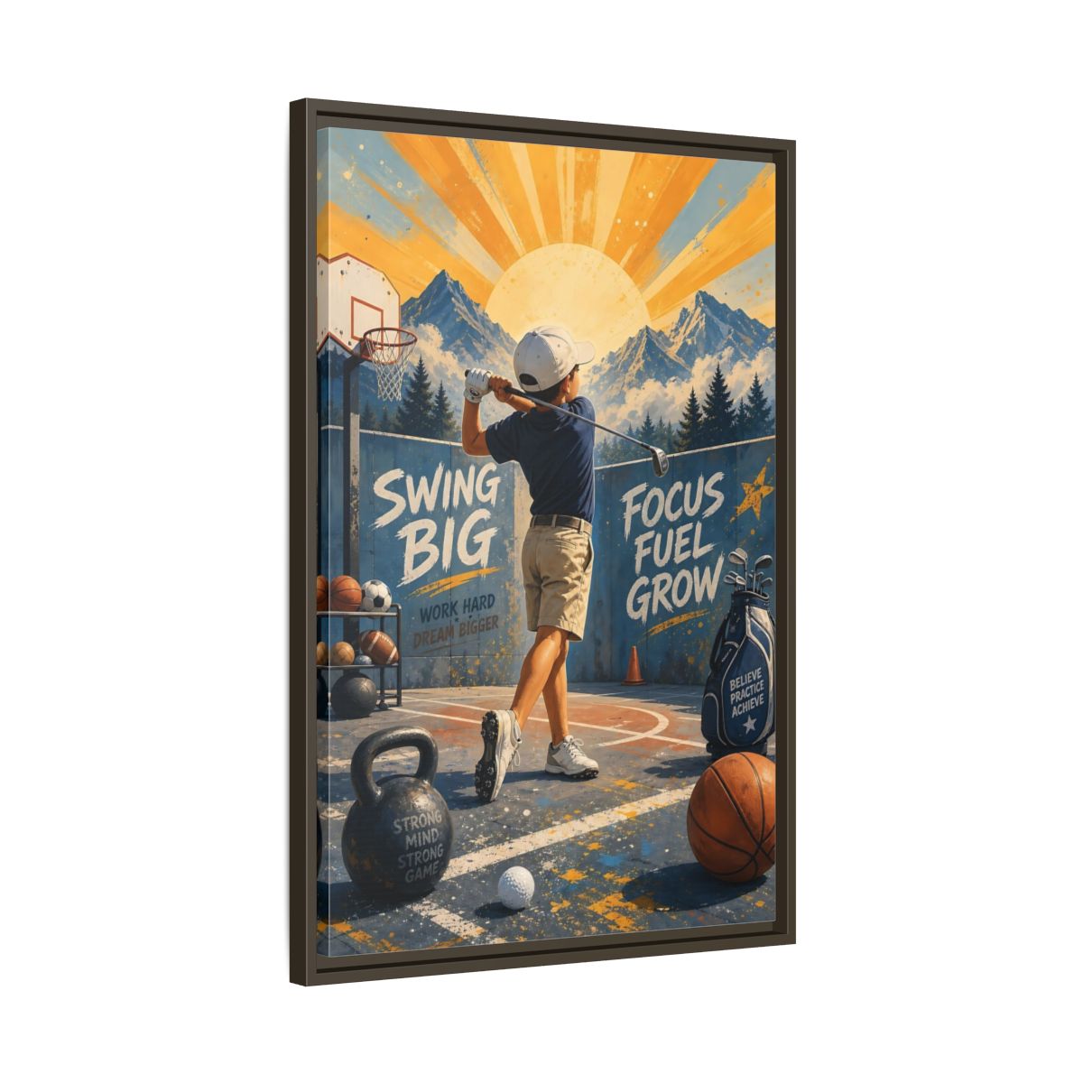Side Mockup 11. Swing Big Youth Golf shown as framed canvas print