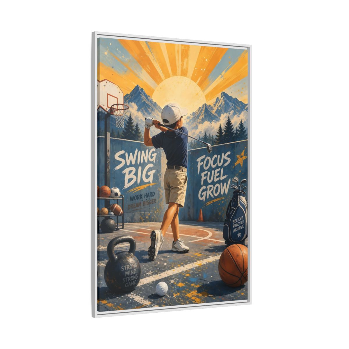 Side Mockup 7. Swing Big Youth Golf shown as framed canvas print