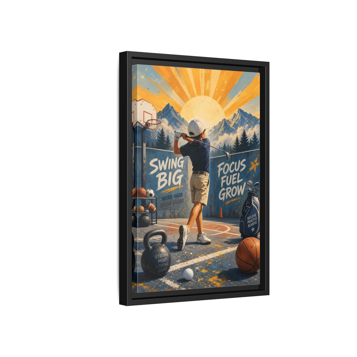 Side Mockup 6. Swing Big Youth Golf shown as framed canvas print