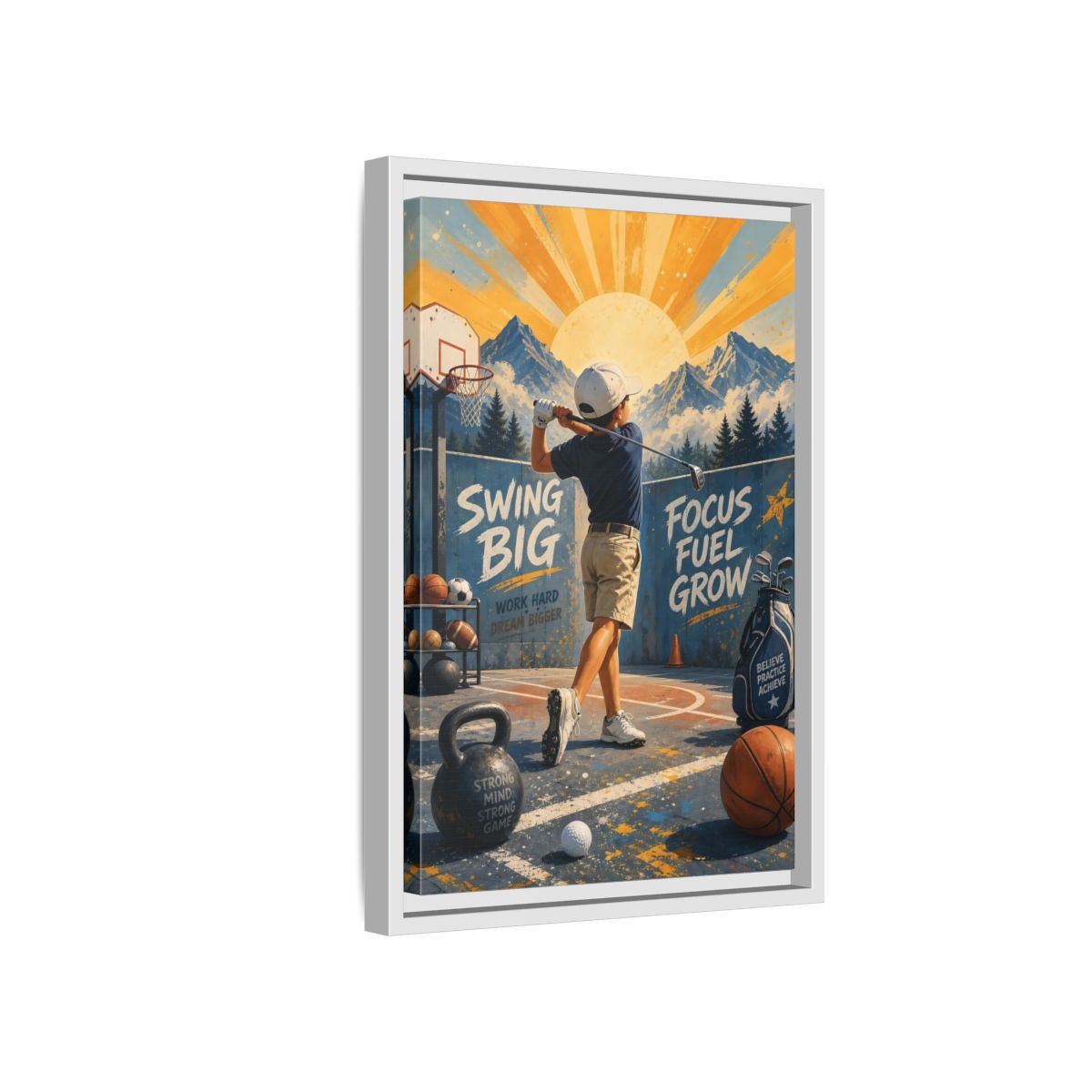 Side Mockup 4. Swing Big Youth Golf shown as framed canvas print