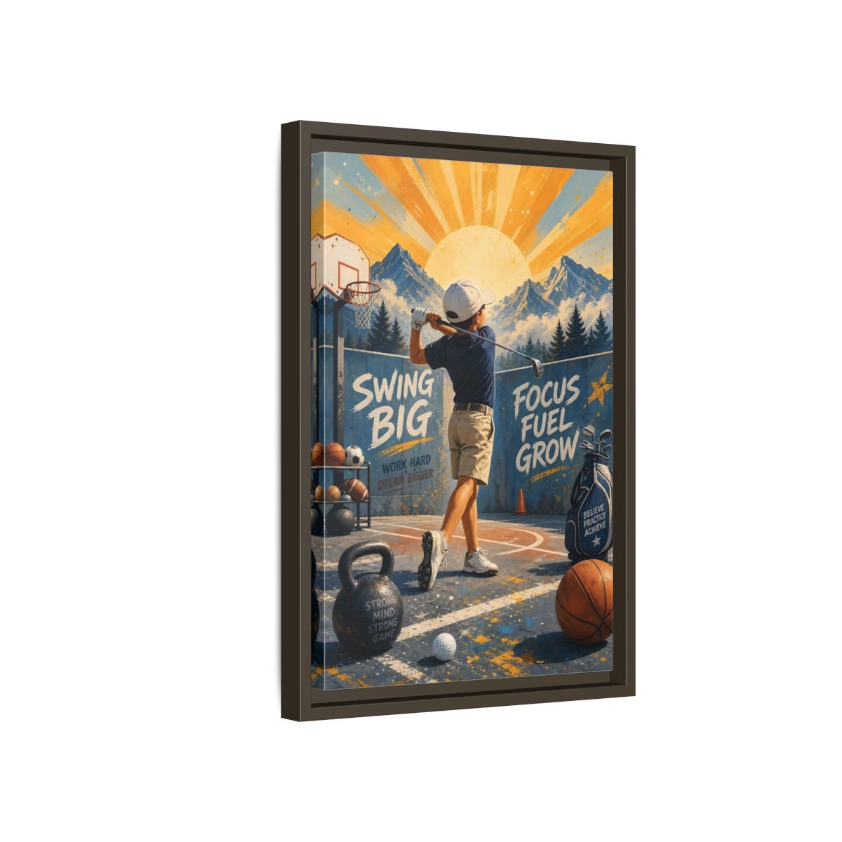 Side Mockup 5. Swing Big Youth Golf shown as framed canvas print