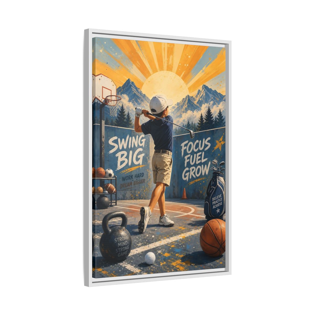 Side Mockup 10. Swing Big Youth Golf shown as framed canvas print