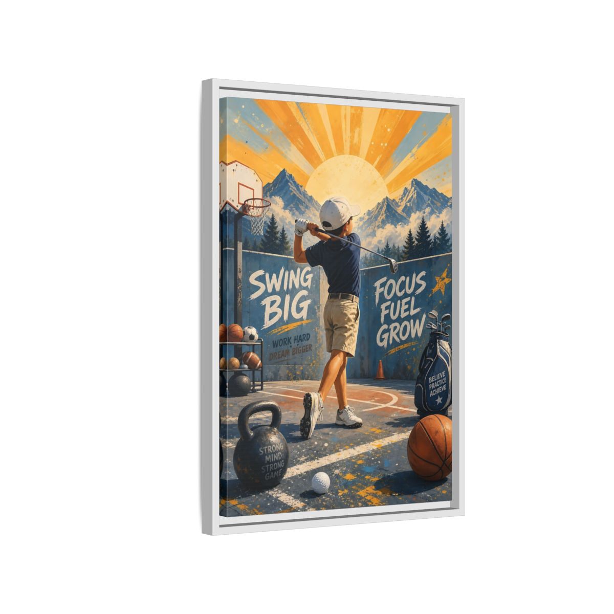 Side Mockup 1. Swing Big Youth Golf shown as framed canvas print