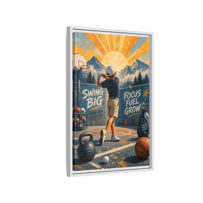 Side Mockup 1. Swing Big Youth Golf shown as framed canvas print