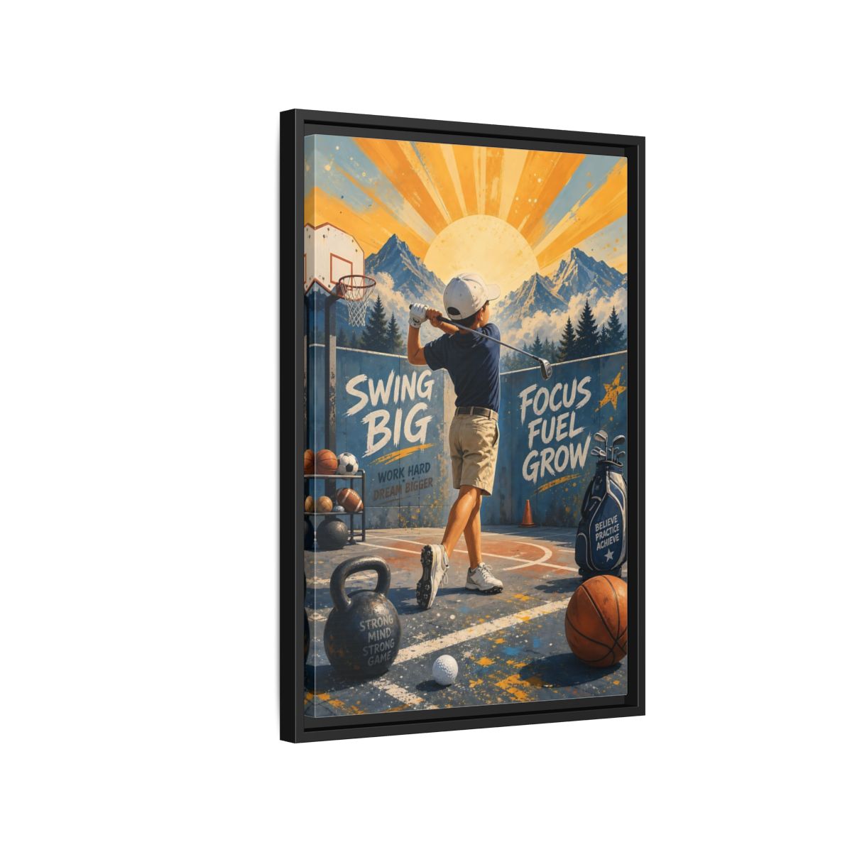 Side Mockup 3. Swing Big Youth Golf shown as framed canvas print