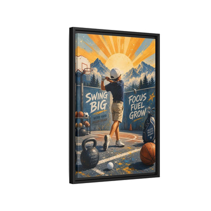 Side Mockup 3. Swing Big Youth Golf shown as framed canvas print