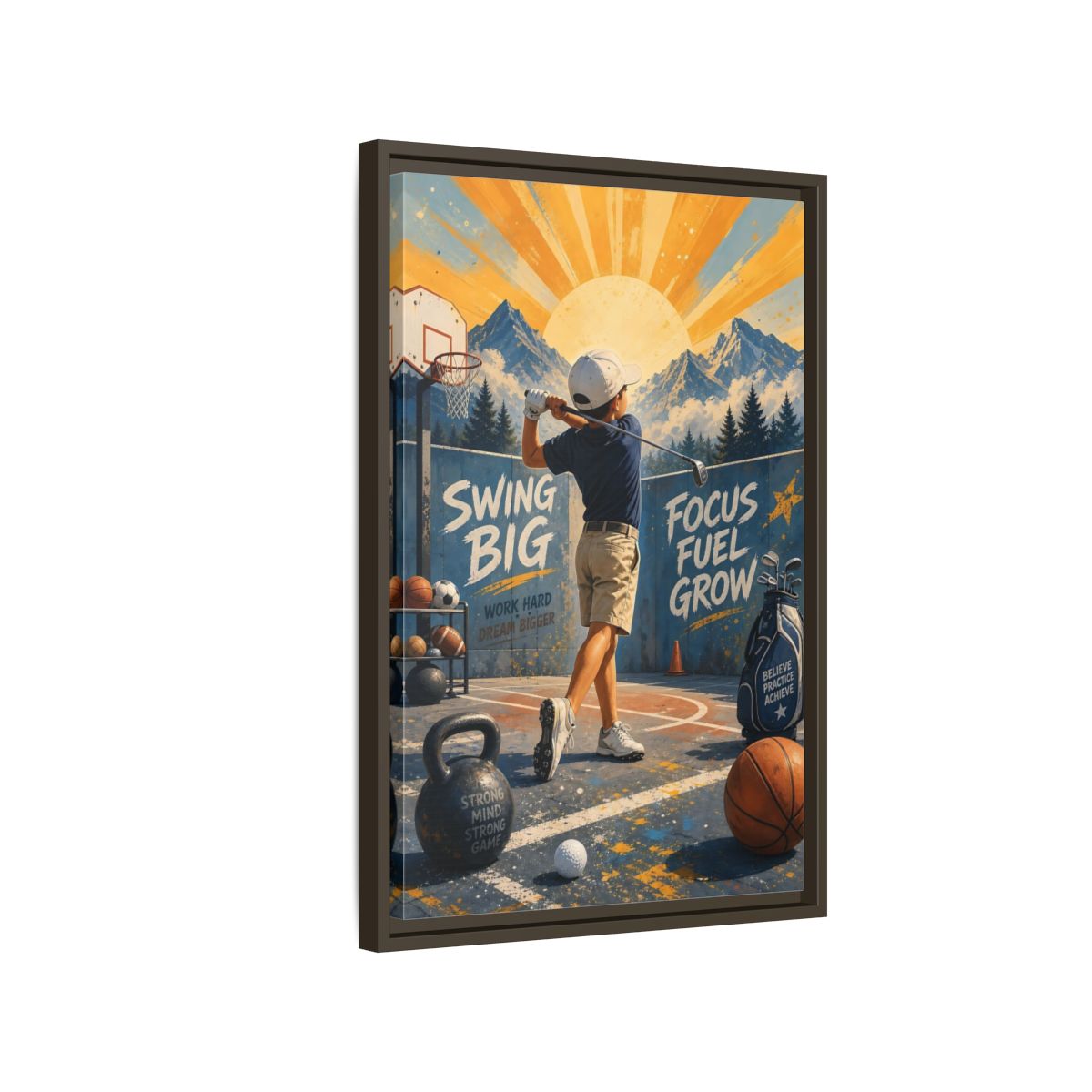 Side Mockup 2. Swing Big Youth Golf shown as framed canvas print