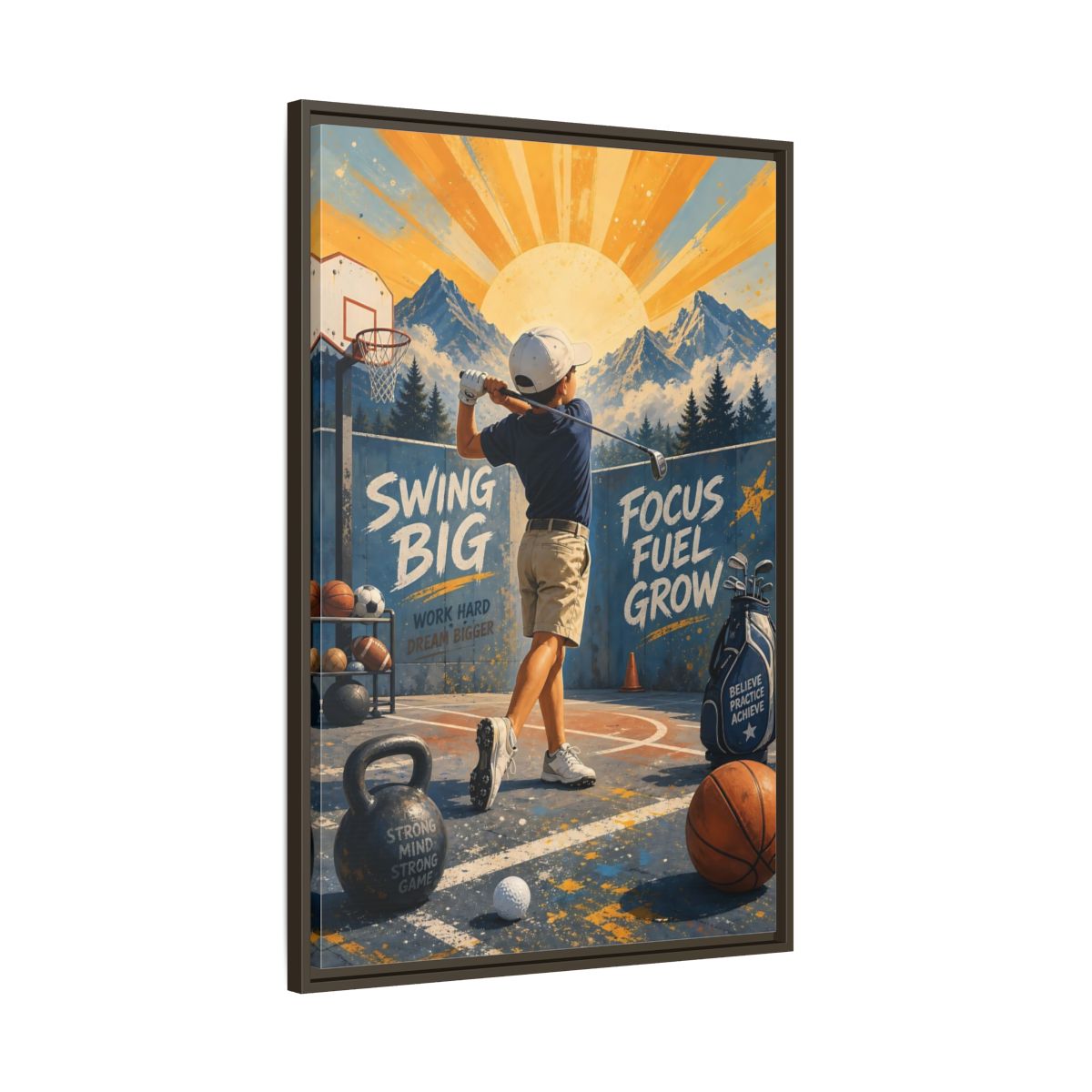 Main Mockup. Swing Big Youth Golf shown as framed canvas print