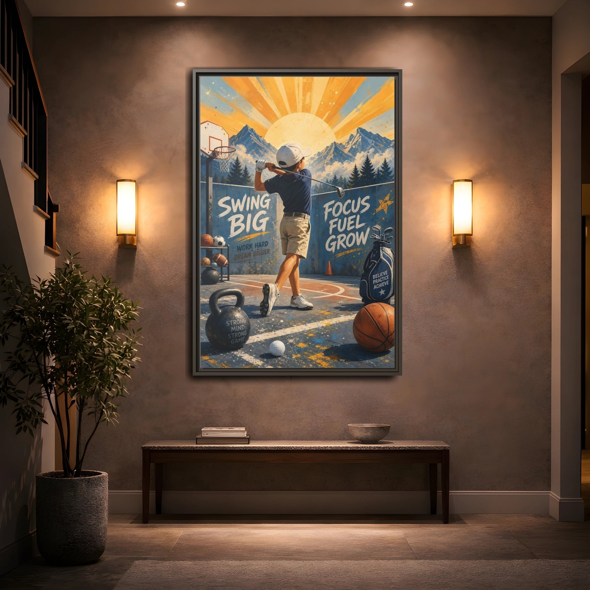 Mockup 2. Swing Big Youth Golf shown as framed canvas print