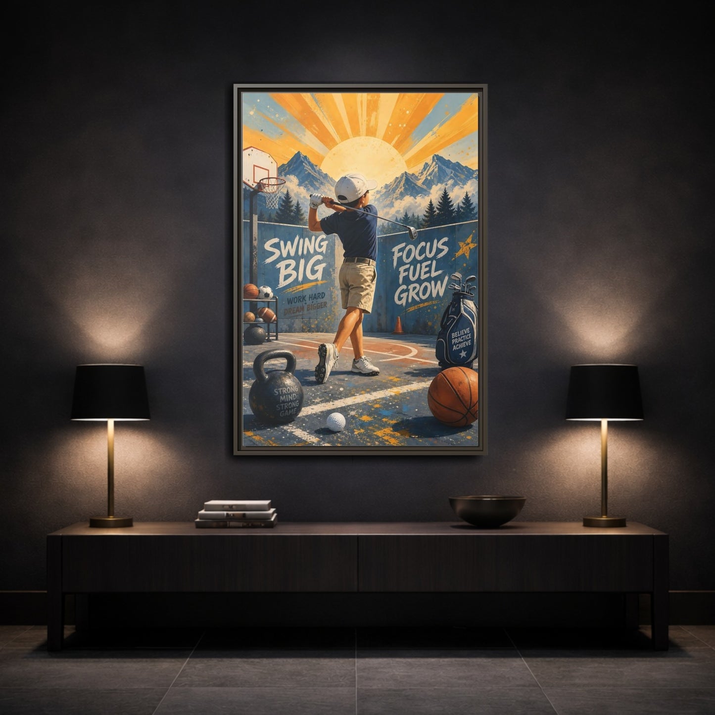 Mockup 3. Swing Big Youth Golf shown as framed canvas print