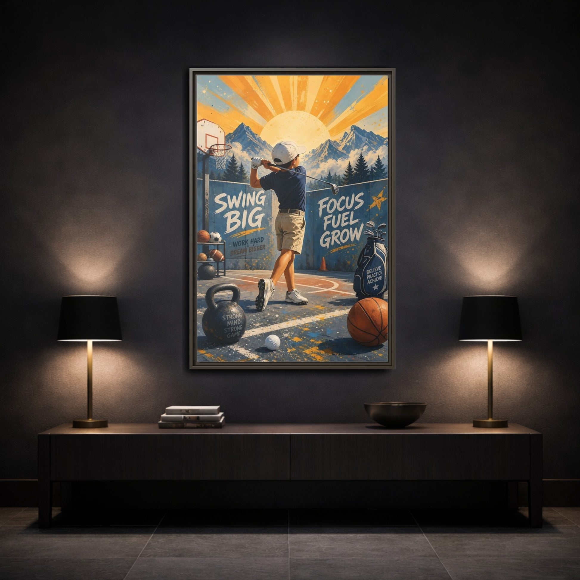 Mockup 3. Swing Big Youth Golf shown as framed canvas print