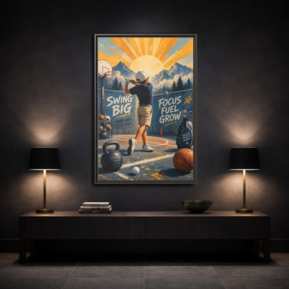 Mockup 3. Swing Big Youth Golf shown as framed canvas print