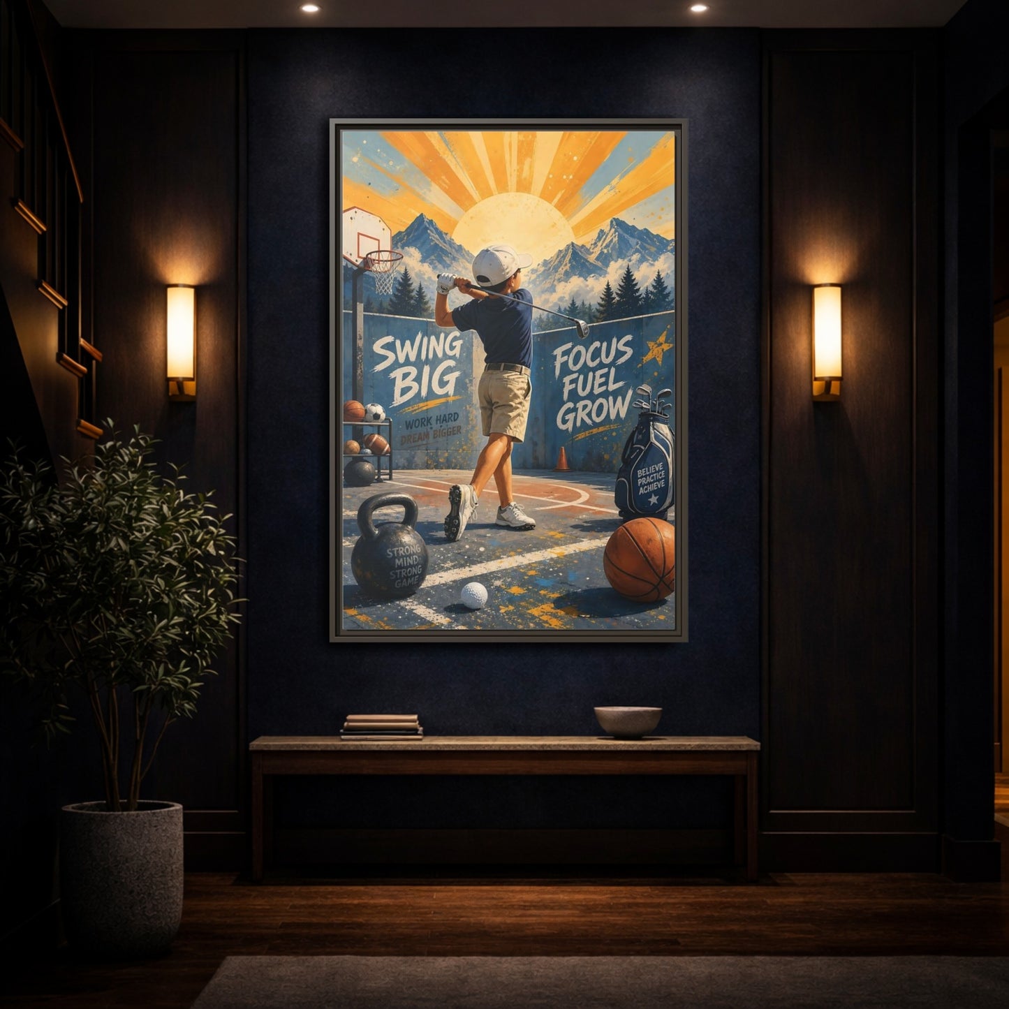 Mockup 4. Swing Big Youth Golf shown as framed canvas print