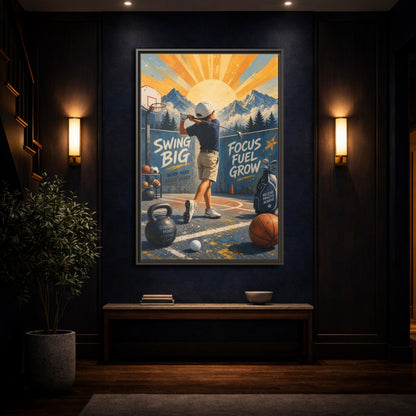 Mockup 4. Swing Big Youth Golf shown as framed canvas print