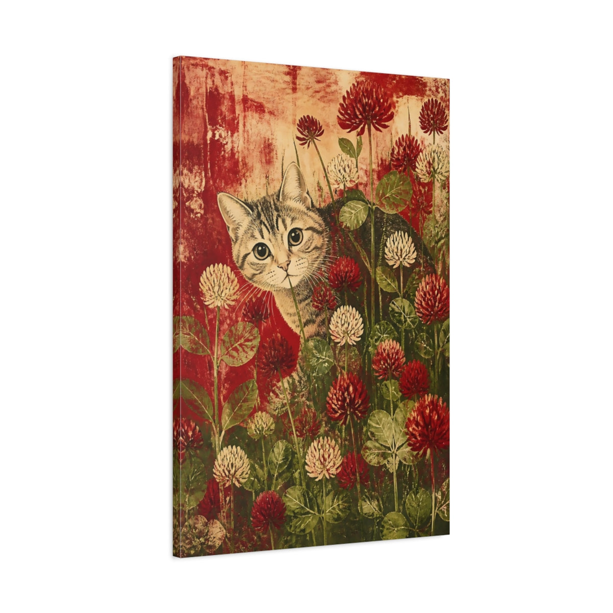 Main Mockup. Tabby Pet In Clover shown as canvas print