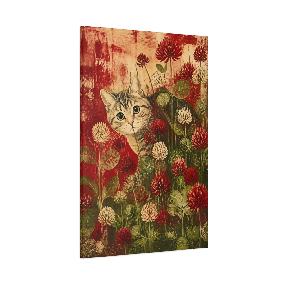 Side Mockup 1. Tabby Pet In Clover shown as canvas print
