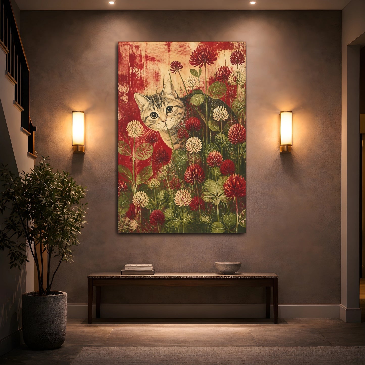 Mockup 2. Tabby Pet In Clover shown as canvas print