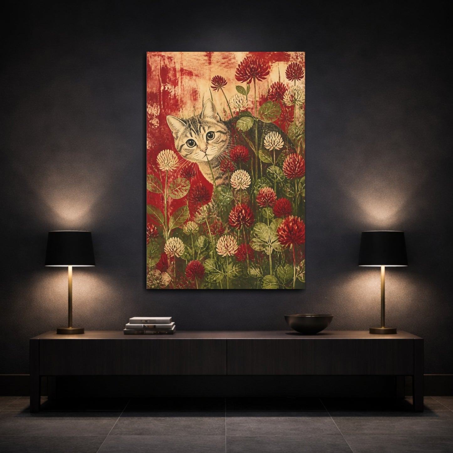 Mockup 3. Tabby Pet In Clover shown as canvas print