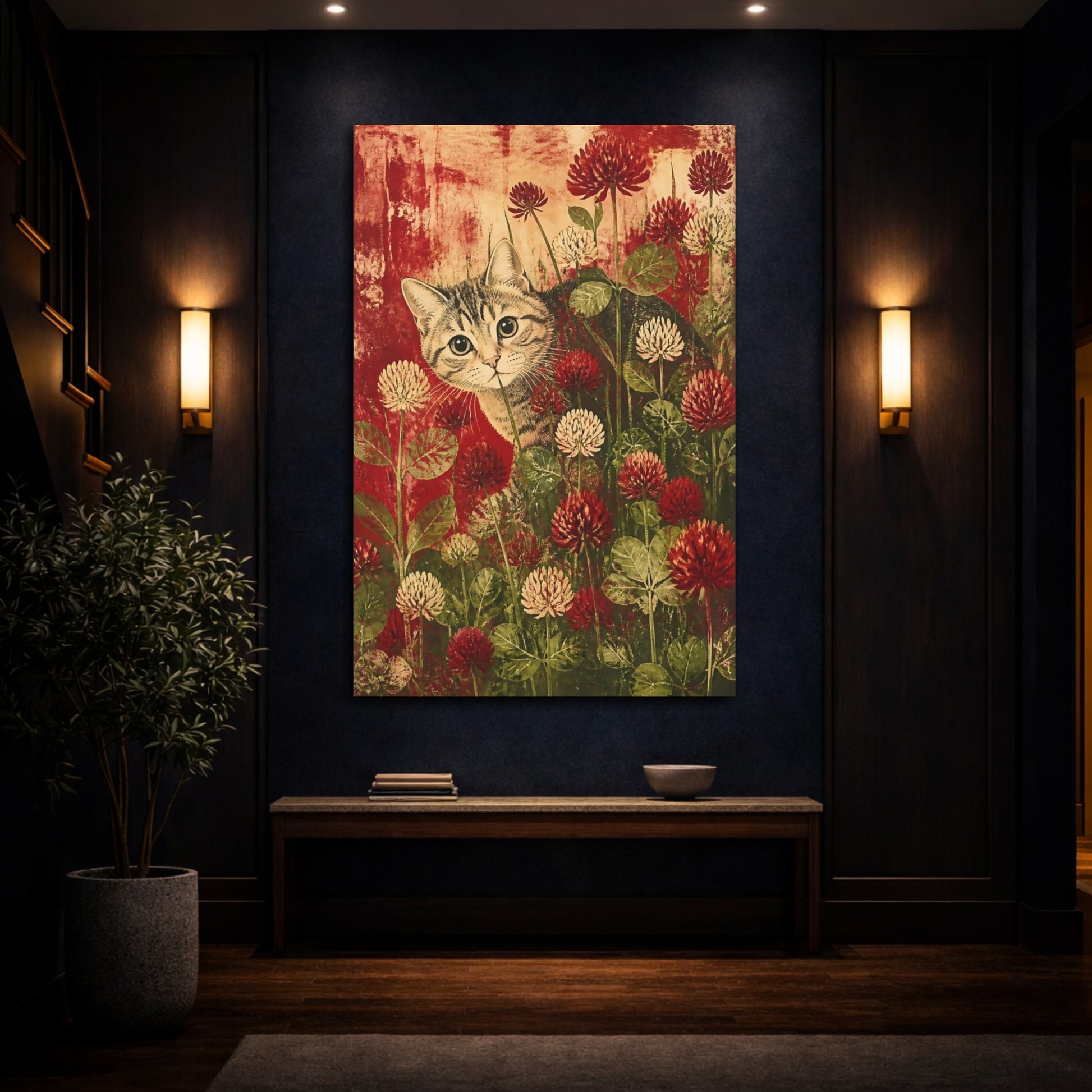 Mockup 4. Tabby Pet In Clover shown as canvas print