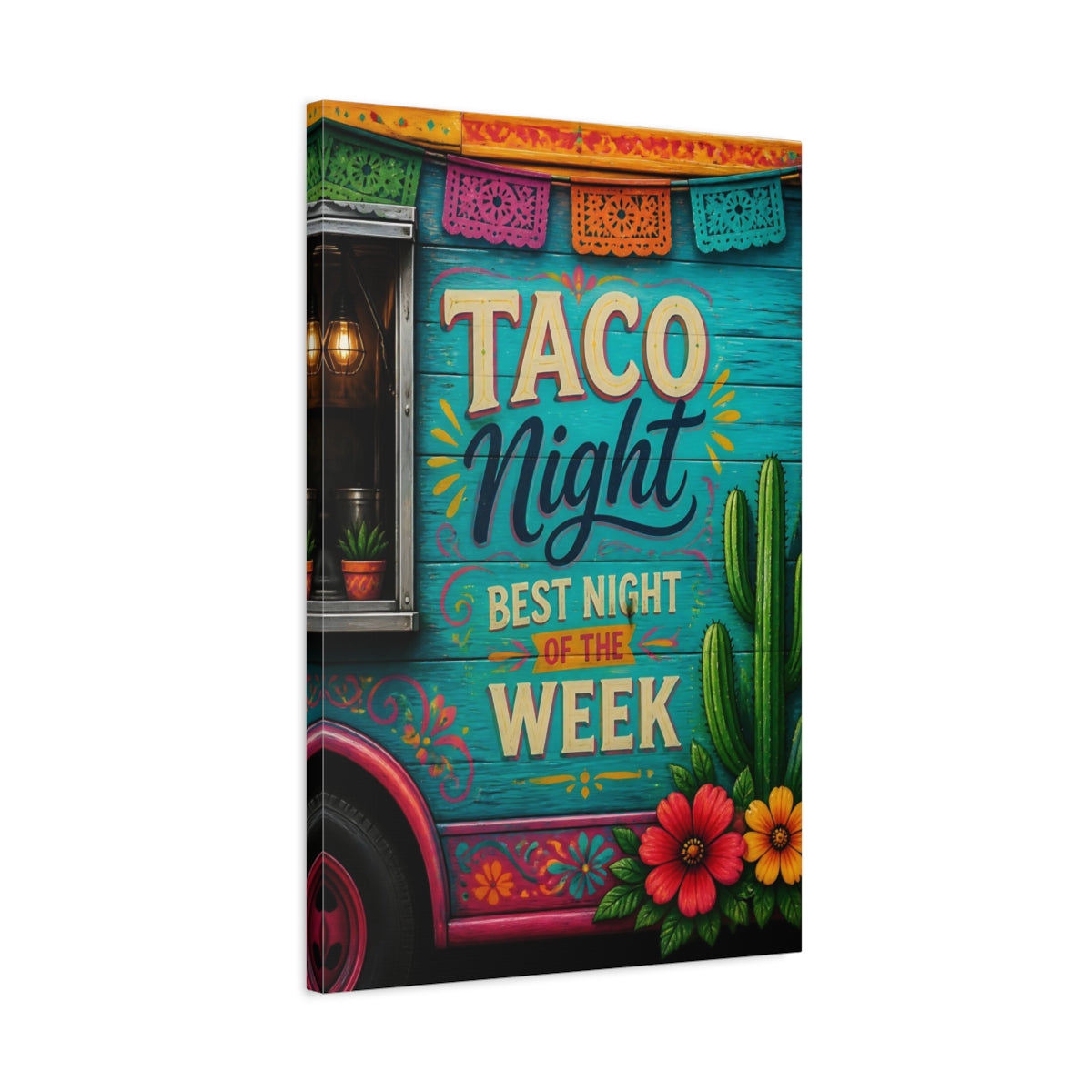 Side Mockup 2. Taco Night Quote Sign shown as canvas print