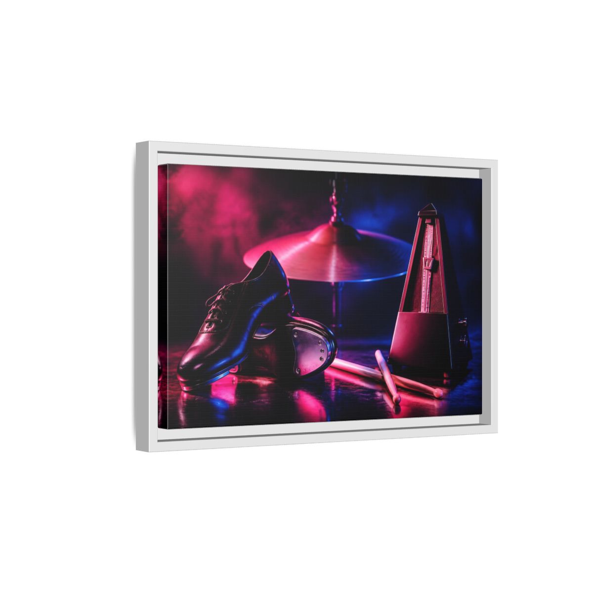Side Mockup 4. Tap Shoes And Metronome shown as framed canvas print