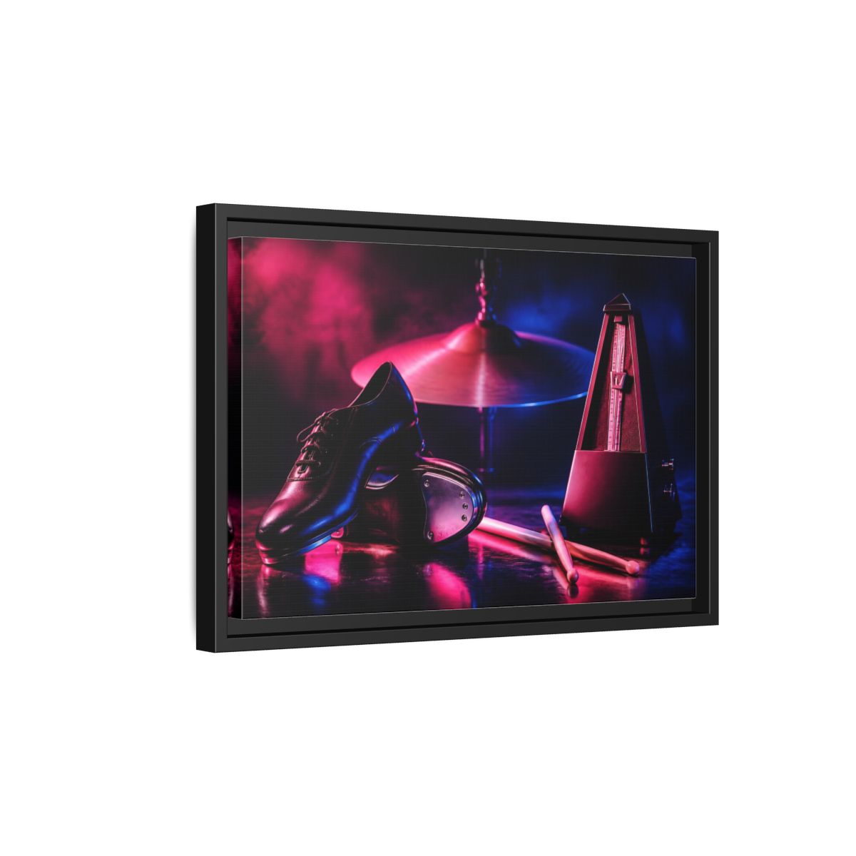 Side Mockup 6. Tap Shoes And Metronome shown as framed canvas print