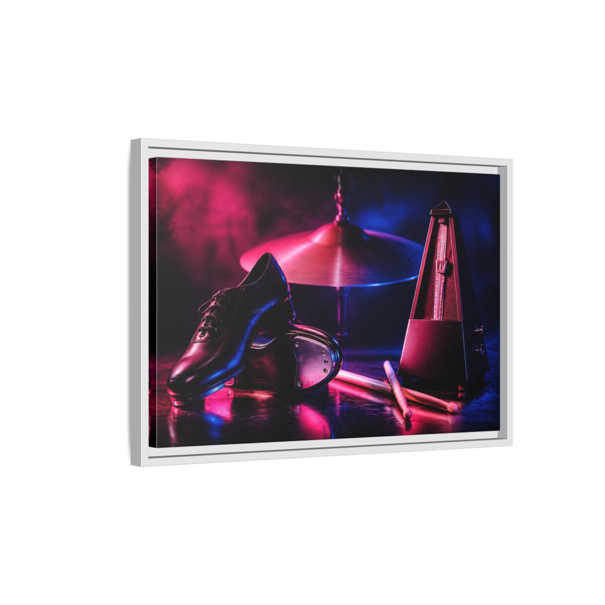 Side Mockup 1. Tap Shoes And Metronome shown as framed canvas print