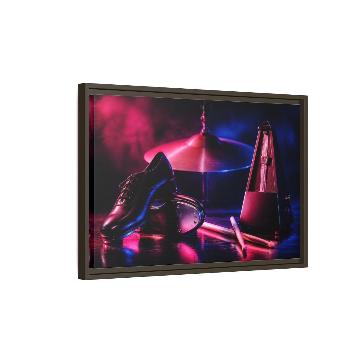 Side Mockup 2. Tap Shoes And Metronome shown as framed canvas print