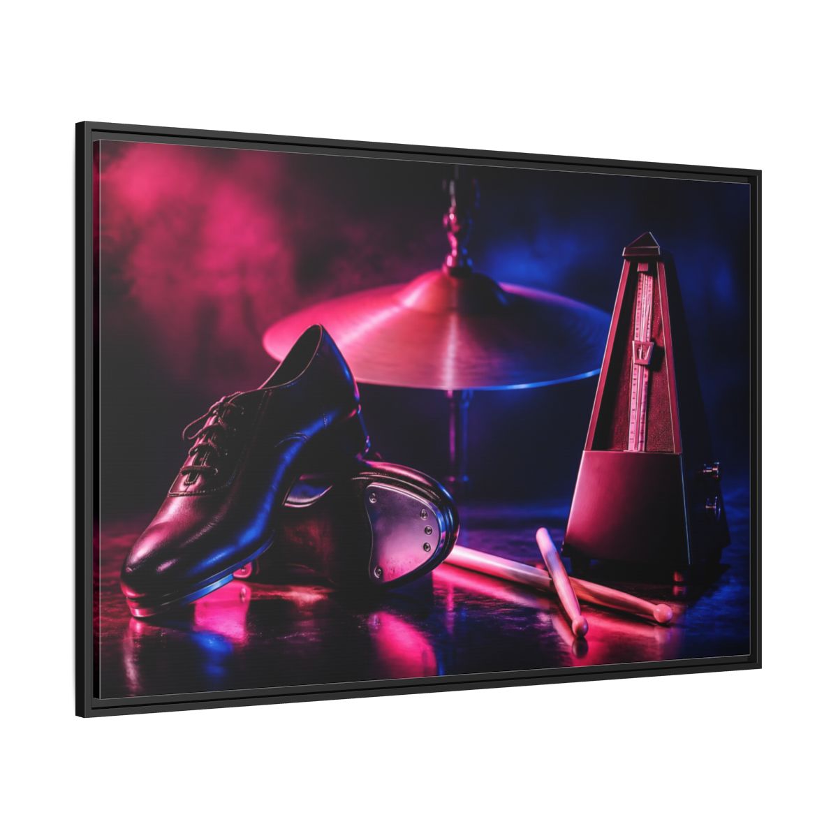 Side Mockup 12. Tap Shoes And Metronome shown as framed canvas print